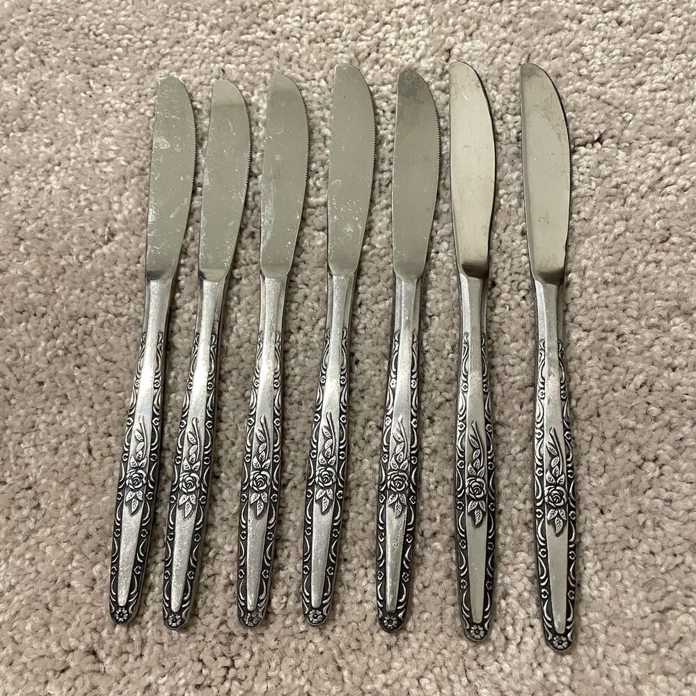 Interpur Rose Scroll Dinner Knives Set of 7 Stainless Steel Flatware 8.5” Japan